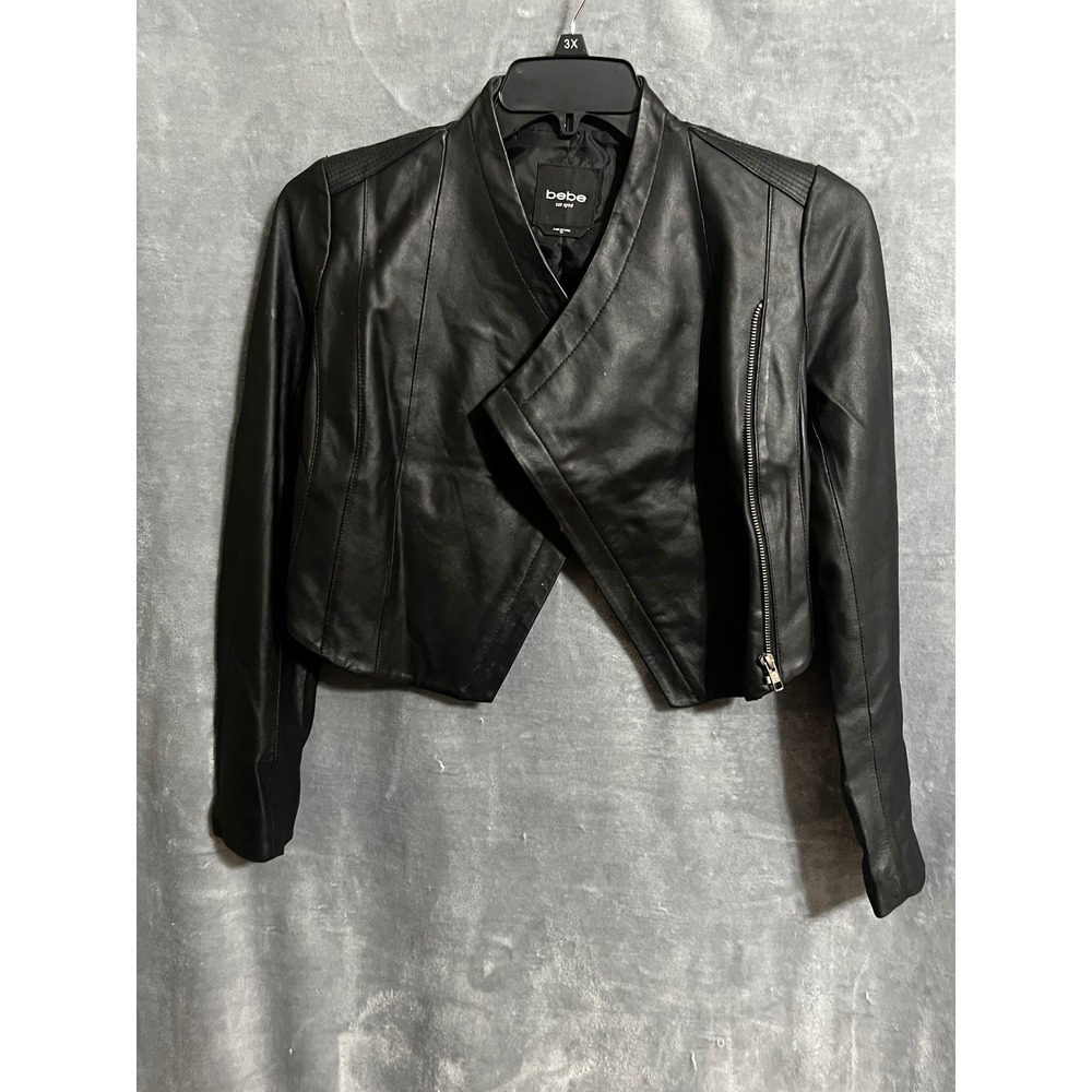 bebe Size XS Black Genuine Leather Cropped Asymmetrical Moto Jacket